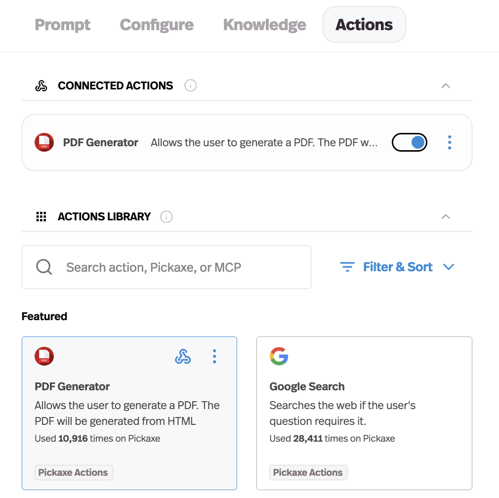 Pickaxe Actions tab showing integration library for connecting onboarding agent to external tools